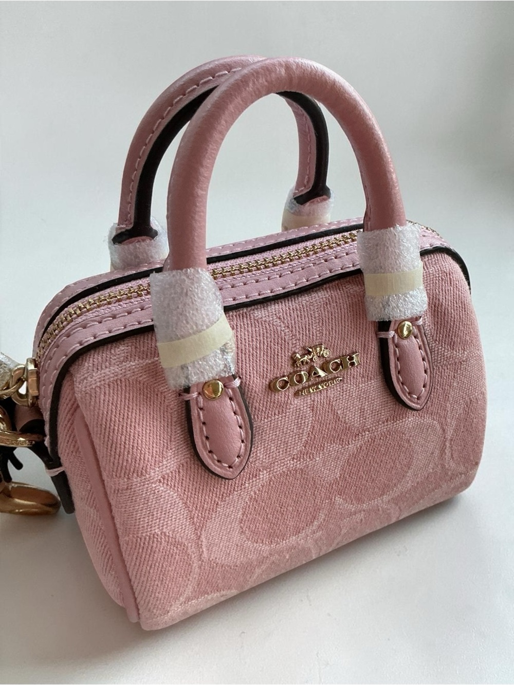 Coach Pink Denim Mini Rowan Bag Charm Signature Keychain  CEU38 NWT